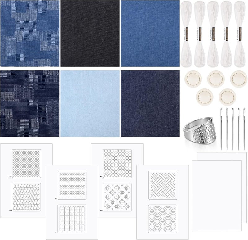 Booson 28 Pcs Sashiko Thread Kit Sashiko Needles Denim Fabric Embroidery Patterns Thimble Water Soluble Embroidery Kit for Sewing Hand Quilting Mending Supplies - Image 1